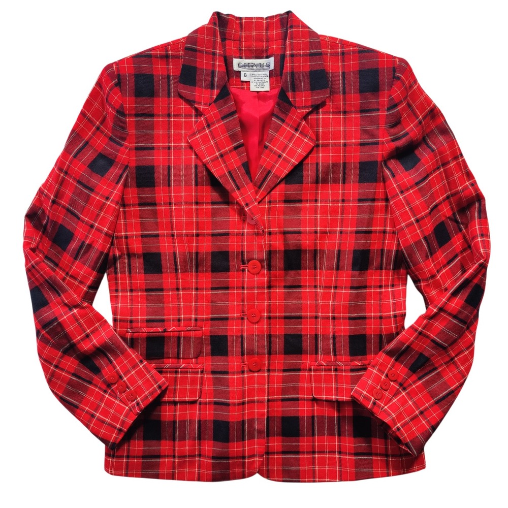 Vintage 80s 90s Chaus Red Plaid Wool Blazer Jacket 6 Tailored Preppy Clueless